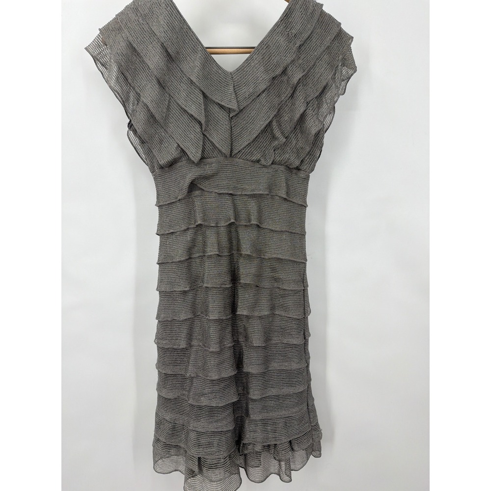 Max Studio Silver Metallic Mesh Tiered Ruffle V-Neck Dress Small Fairy - Picture 3 of 8